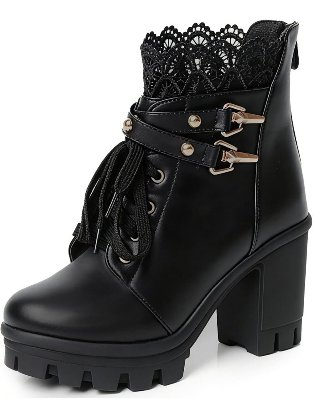 Women's Goth Black Buckle Rivets Punk Block Heel Round Toe Zipper Ankle Boots